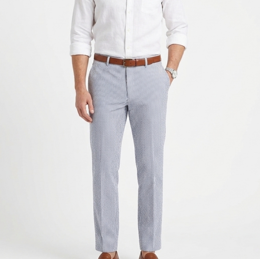Alan Flusser Seersucker Striped Pants 38 Blue White Cotton Old Money Coastal